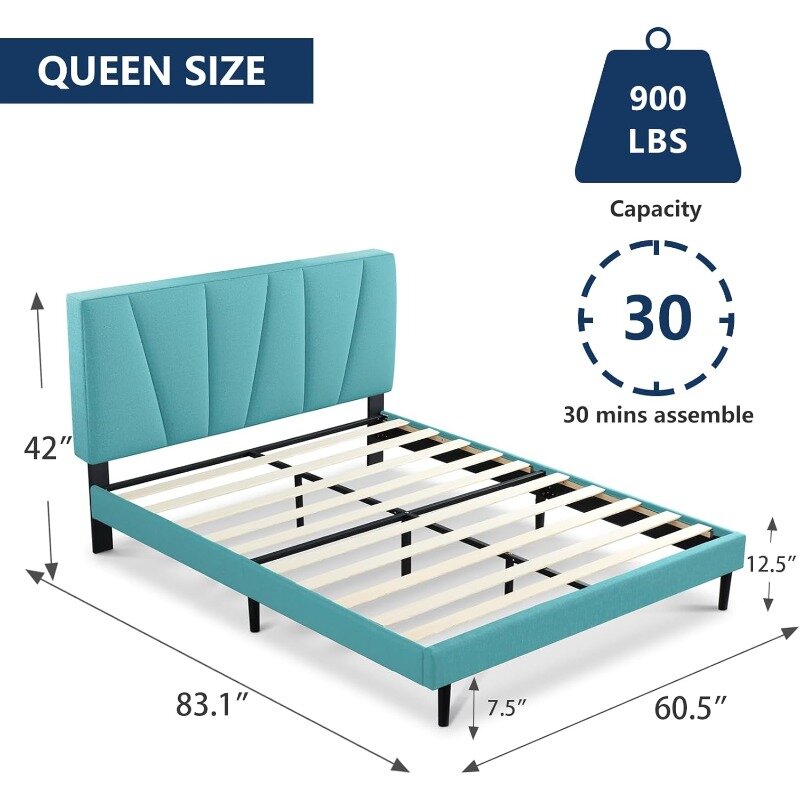 Marco de cama tapizado, plataforma con cabecero y listones de madera fuertes, gran capacidad de peso, antideslizante y sin ruido