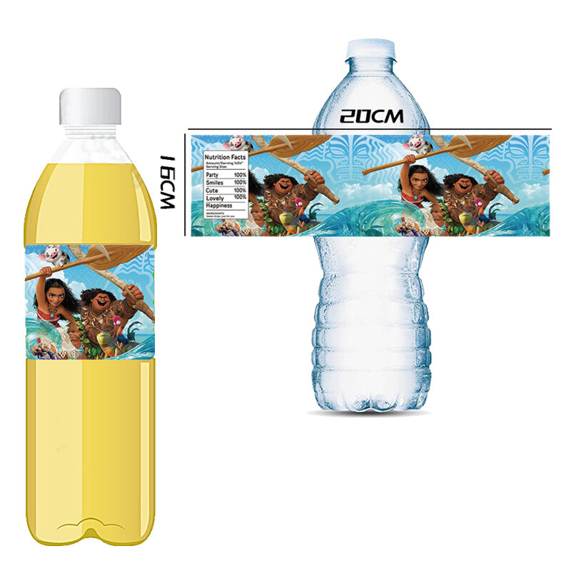 Moana Theme Cartoon Bottle Sticker Labels, Juice Bottle Stickers, Decorações de festa à prova d'água, Kid's Birthday Supplies