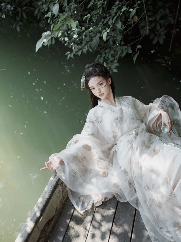 Ensemble hanfu imprimé de style chinois wei jin pour femmes, robe menstruelle, Gelsuit cosplay, art du thé, tempérament élégant féerique, quotidien, nouveau, 2024