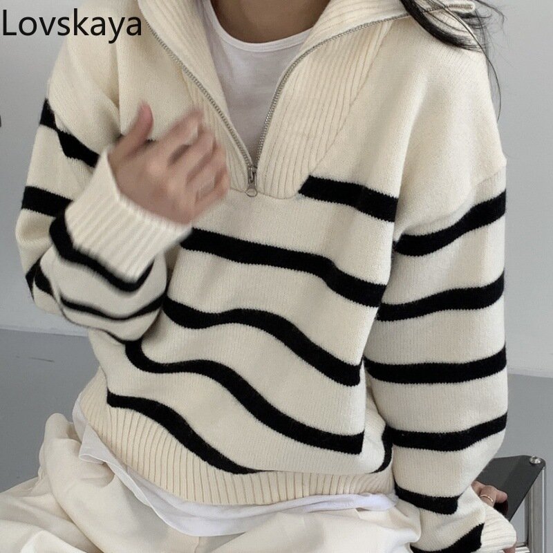 Sweater rajut kerah Flip wanita, gaya santai dan malas, desain garis ritsleting, Pullover lengan panjang longgar