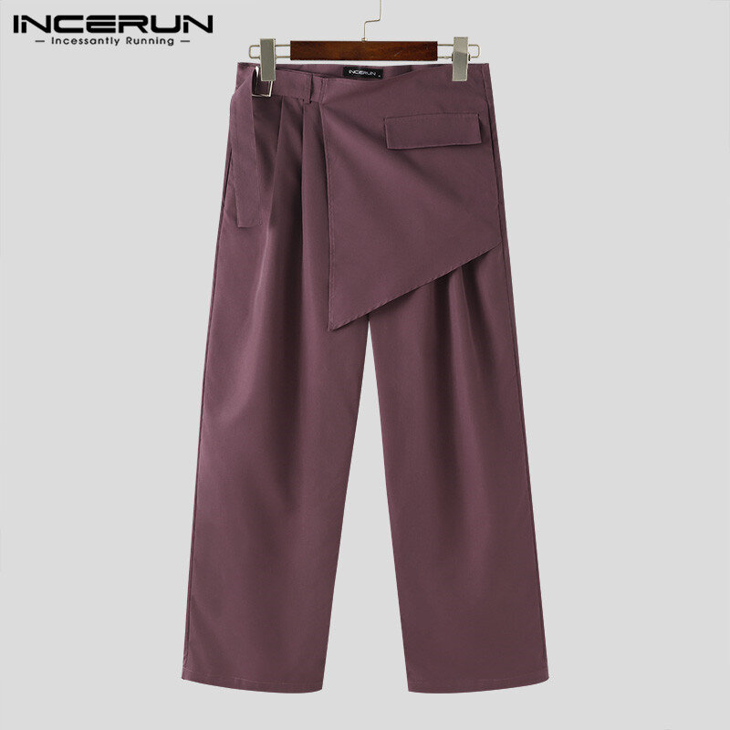 INCERUN 2024 брюки в Корейском стиле мужские модные однотонные нестандартные дизайнерские брюки свободная уличная одежда Универсальные Длинные брюки