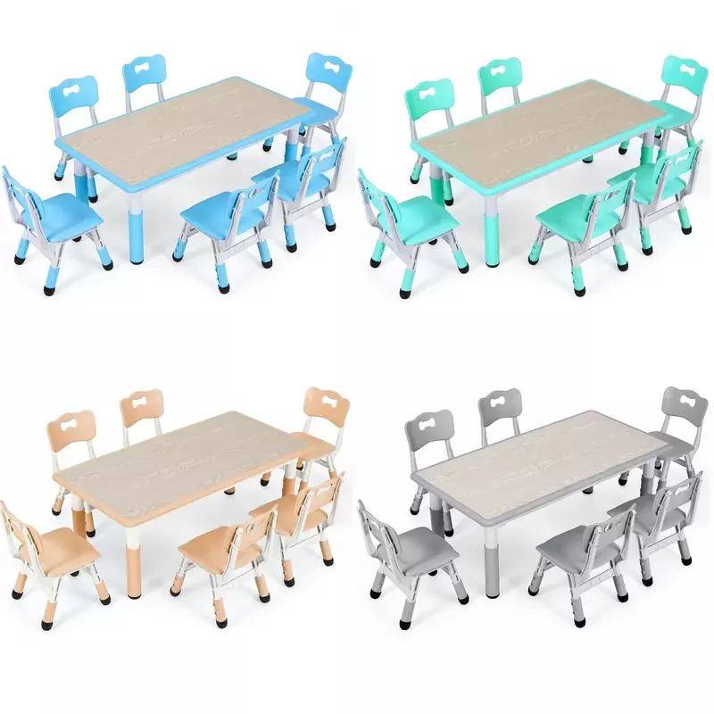 Rectangle Kids Table with 6 Chairs Set, Height Adjustable Toddler Multi Activity Table Set, Arts&Crafts Desk for Girls, 2-10 old