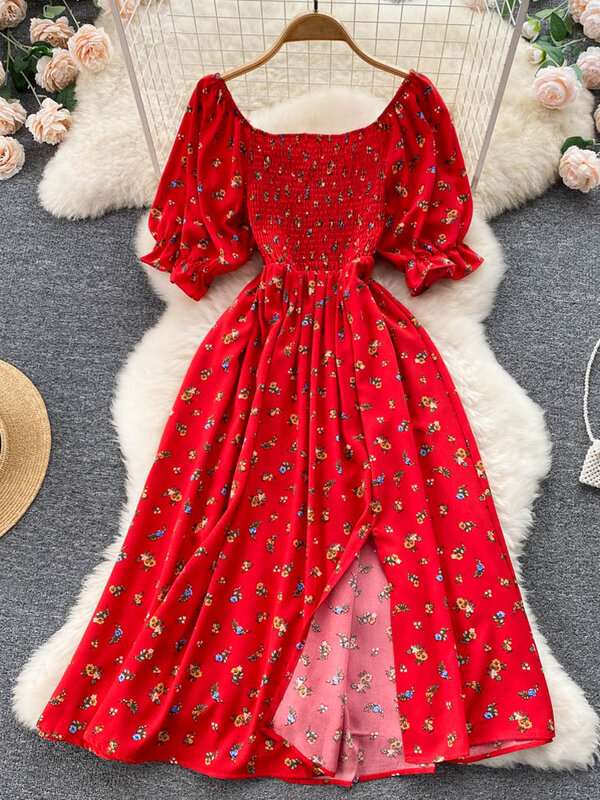 Yuoomuoo envio rápido vestido feminino moda romântico floral imprimir dividir longo vestido de verão puff manga festa coreano vestidos