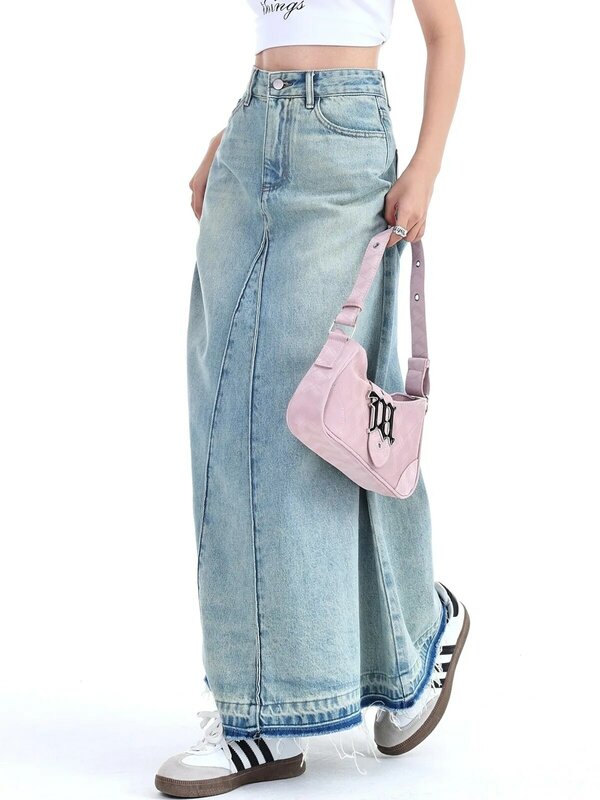 ZHISILAO rok Denim panjang Vintage wanita, rok Jeans A-line pinggang tinggi biru klasik Musim Panas 2024