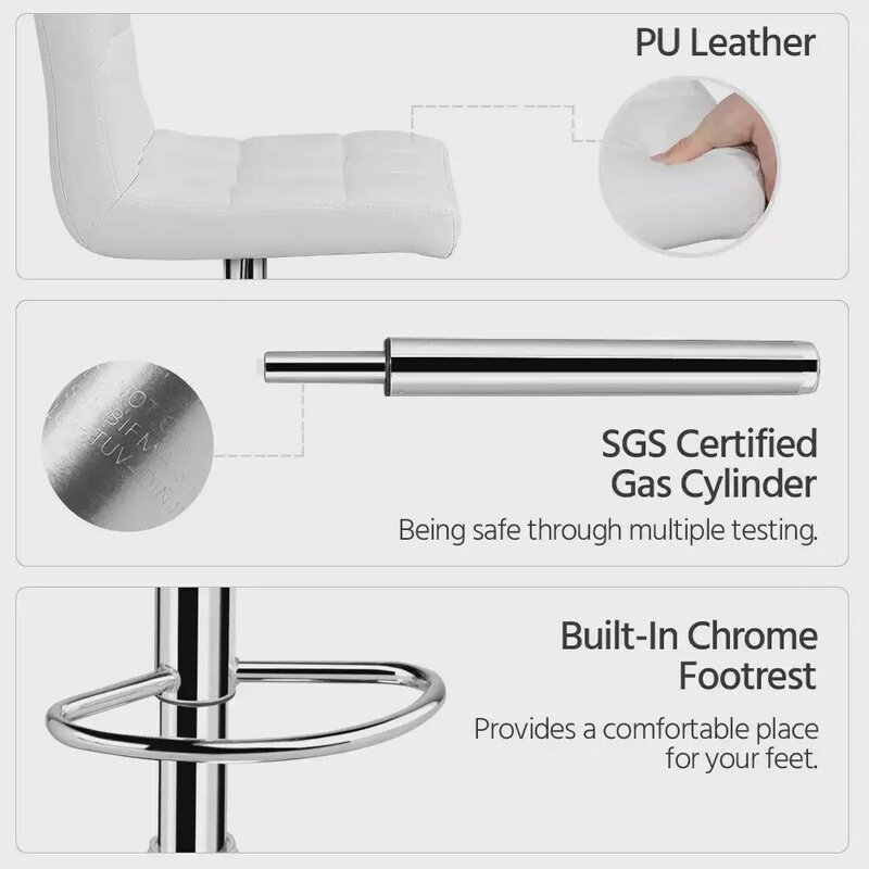 2 szt. Faux Leather nowoczesne regulowane obrotowe stołki barowe, białe stołki barowe zestaw 2 krzesło barowe