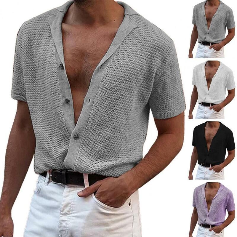 Mannen T-shirt Effen Kleur Vest Korte Mouwen Turn-Down Kraag Gebreide Losse Type Single-Breasted Mannen Tops Dagelijks kleding