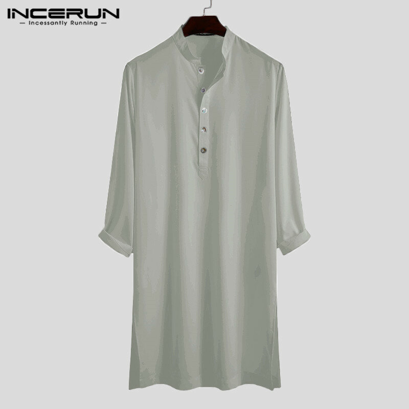 INCERUN-camisa musulmana de manga larga para hombre, caftán árabe islámico, Color sólido, ropa de calle, camisas largas informales, 5XL