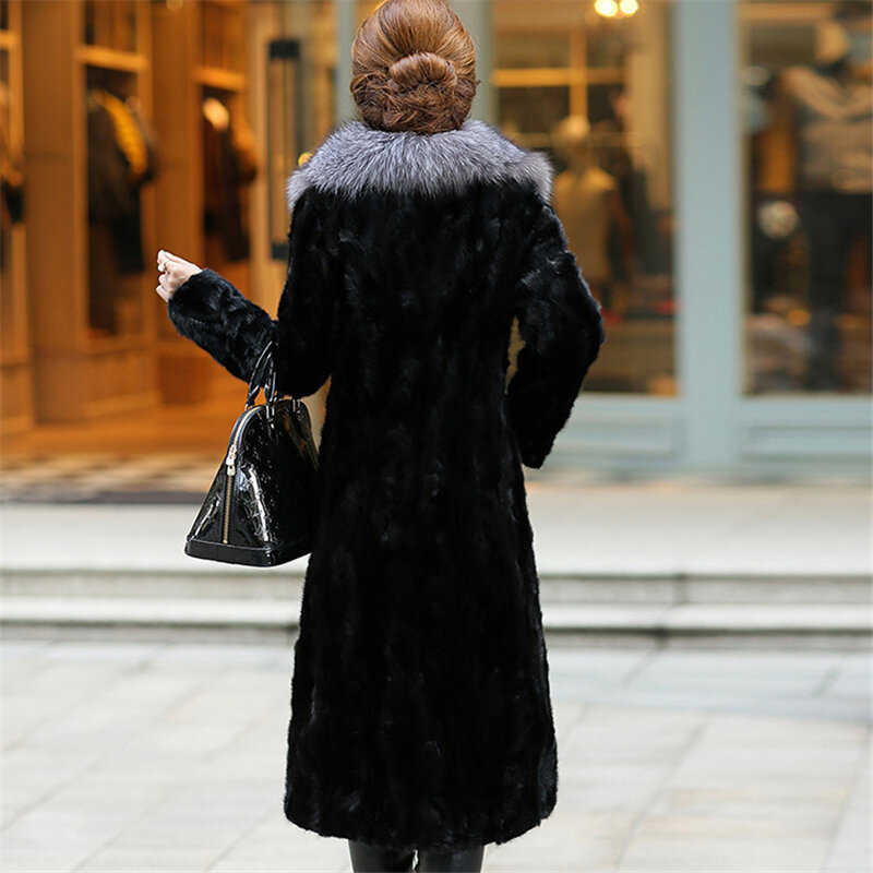 Mantel bulu cerpelai imitasi untuk wanita, mantel bulu cerpelai imitasi hangat panjang musim gugur musim dingin, mantel parka kerah rubah palsu modis untuk wanita