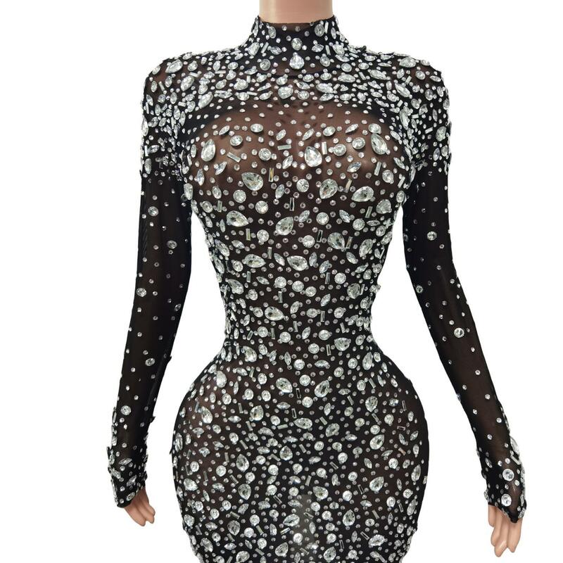 Women Sexy Stage Black Dress Costume Evening Club Party Long Sleeve Birthday Celebrate Stretch Dance Photoshoot Dress Cuixing