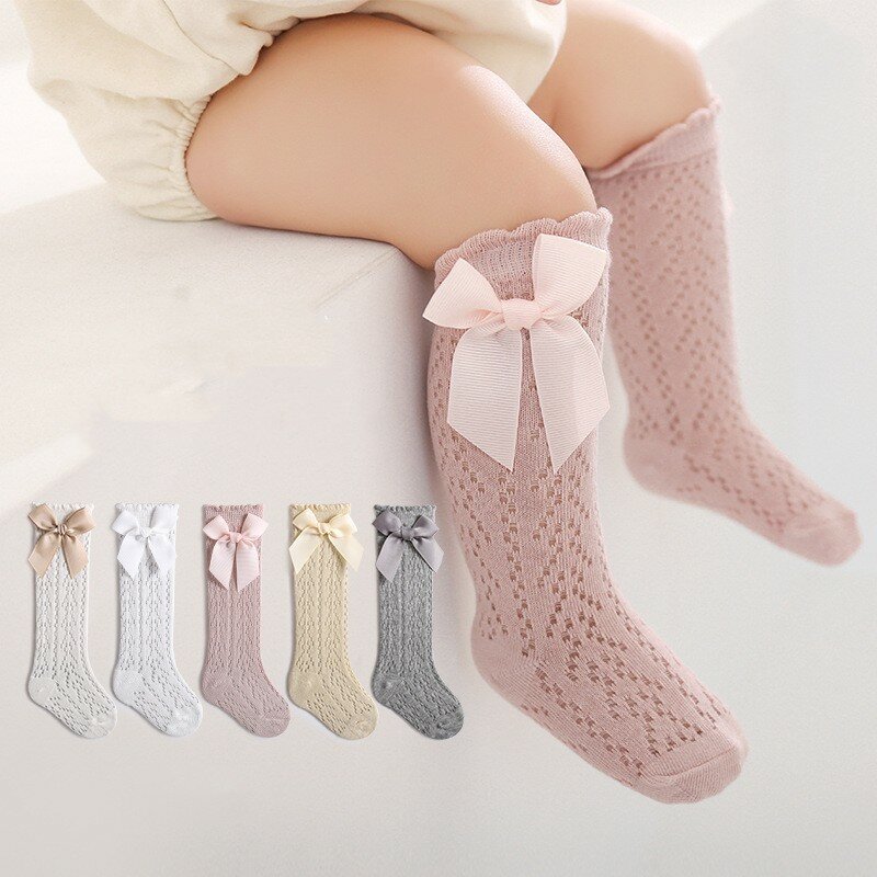 Medias largas para recién nacidos, calcetines de princesa de Color sólido con lazo, malla fina por encima de la rodilla, primavera y verano