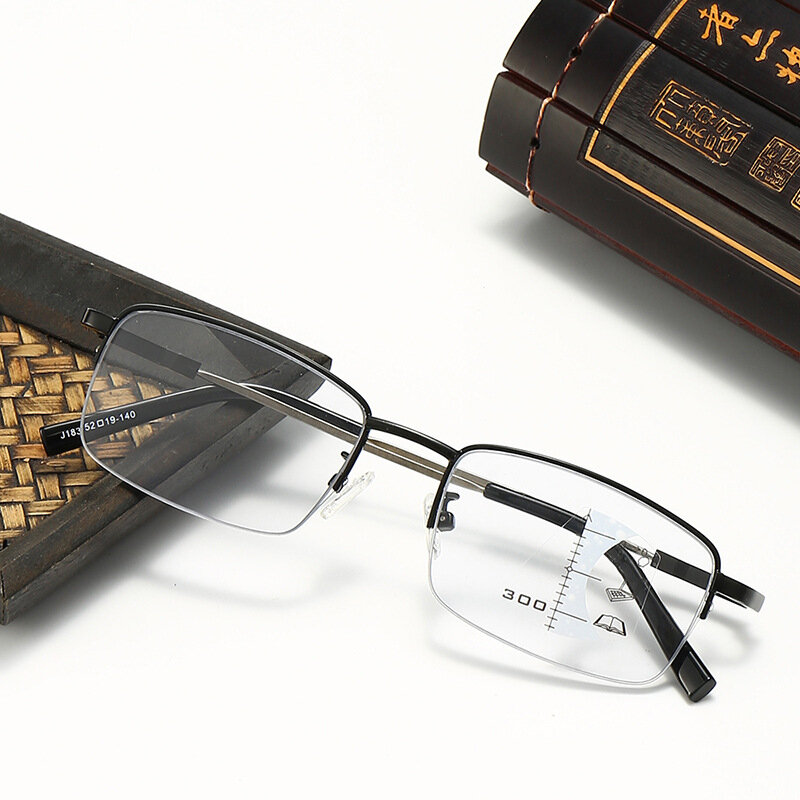 Multifocal Color Changing Presbyopia Glasses, Male Intelligent Zoom High-Definition Half Frame Presbyopia Glasses