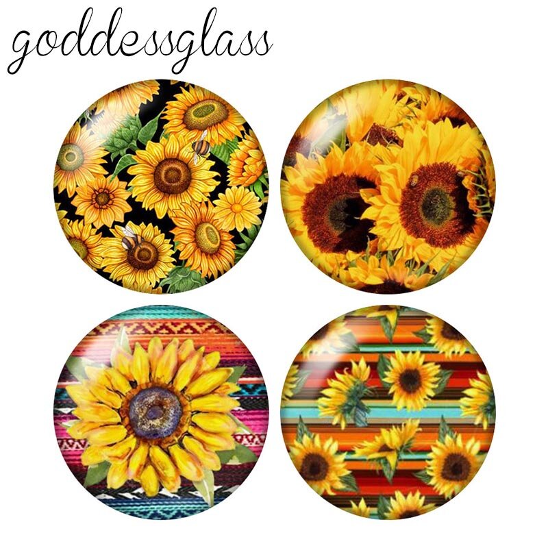 Cabochon rond en verre avec photo, 10 pièces, motifs de tournesols, fleurs jaunes, 12mm/18mm/20mm/25mm
