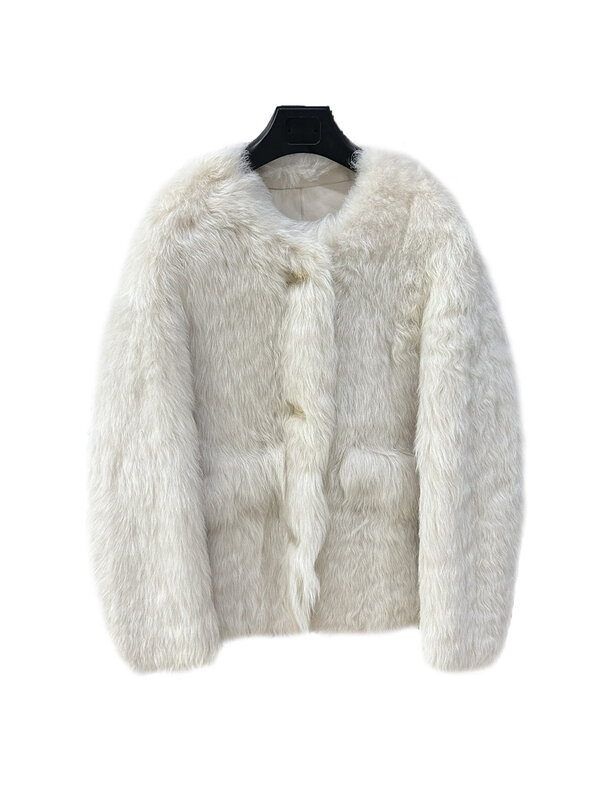 Casaco de pele single-breasted com pescoço redondo, versão curta solta, quente e confortável, novo design, 0104, 2024, inverno