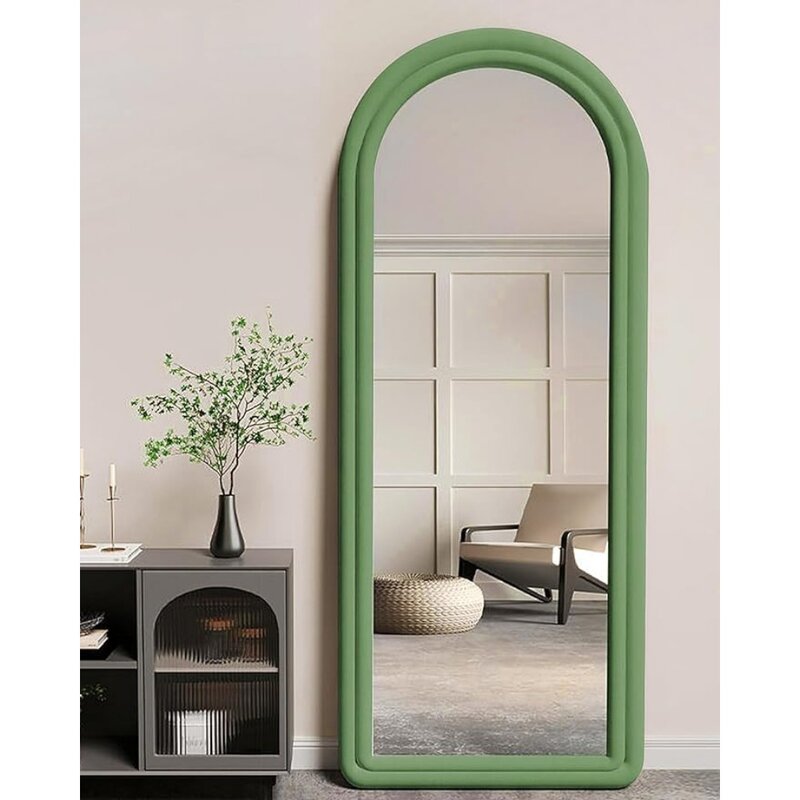 바닥 거울, 아치형 전체 길이, 스탠드 스탠딩 거울, 63 인치 x 24 인치, 전신 대형 벽 장착, 녹색 거울