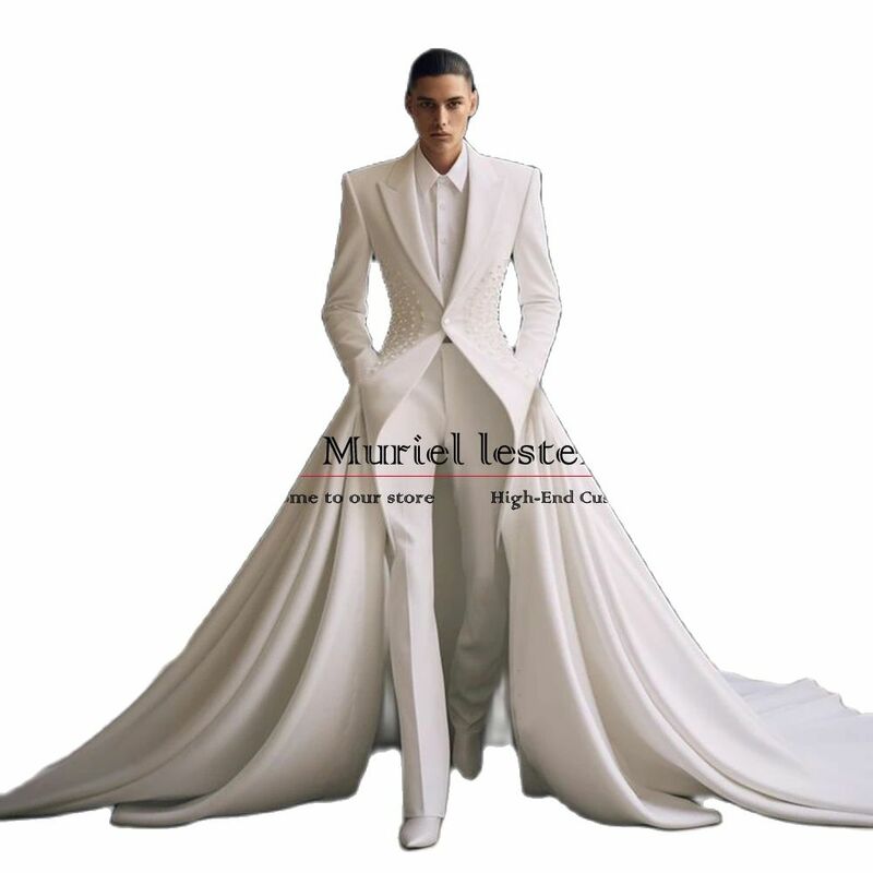 Groom Wedding Tuxedos Elegance Pearls Beading Prom Blazer Long Tailored Coat Pants Cape 3 Pieces Suit Men Banquet Male Clothing