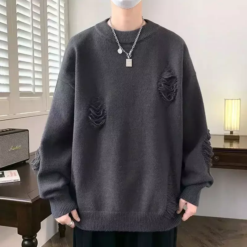 Autumn and winter men's sweater with fleece crewneck pullover thickened warm knit sweater with men's undercoat