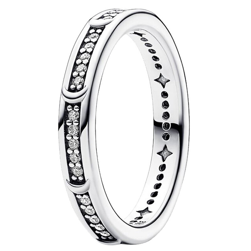 Autêntico anel em prata esterlina 925 banda dupla para mulheres, lua crescente e estrelas, assinatura pavimentar de dois tons, presente da jóia da moda
