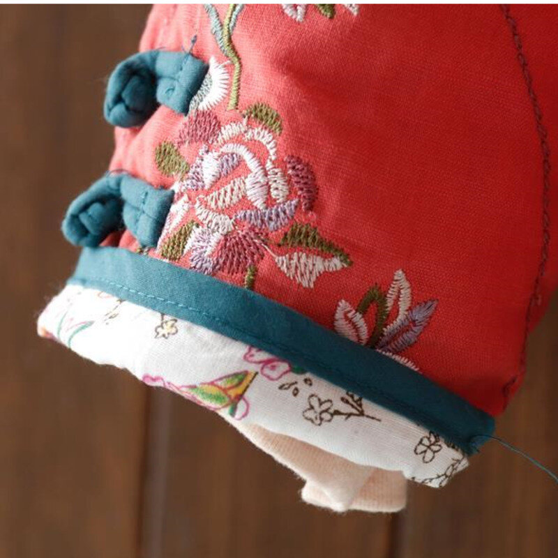 Bawełna Retro i lniana kurtka haftowana w stylu etnicznym damska stójka klamra chińska parki płaszcz damski jesienno-zimowa