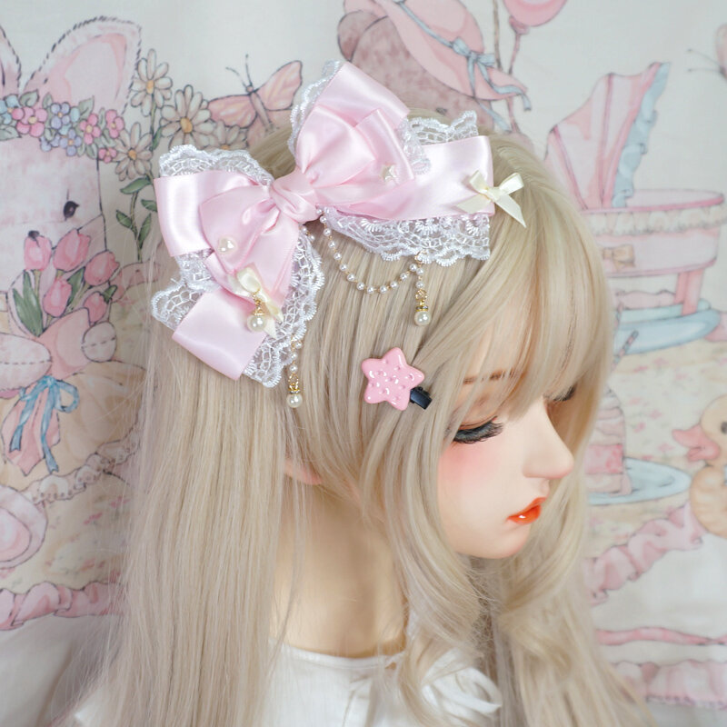 Tocado de Lolita con lazo de encaje grande, accesorios de cabello de princesa linda, rosa perla KC