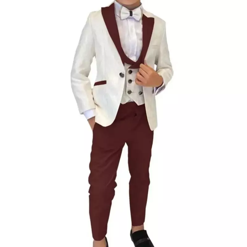 Setelan kostum jaket Jacquard gading anak laki-laki, setelan pesta Formal bunga anak laki-laki (jaket + rompi + celana)
