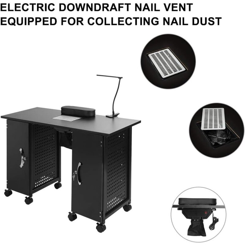 Manicure Table Nail Desk W/Electric Downdraft Vent Iron Frame Beauty Spa Salon Workstation Rest Lockable Cabinets & LED Lamp