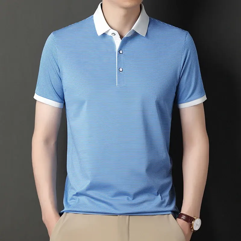 Модная мужская полосатая рубашка-поло, топ для умного повседневного делового отдыха на весну/лето