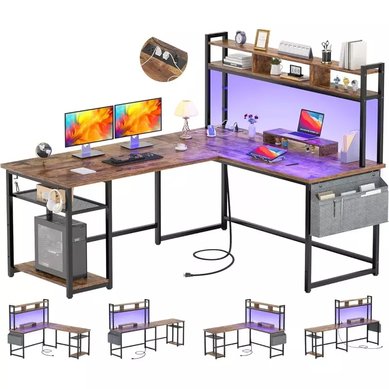 Escritorio en forma de L con toma de corriente y tira LED, computadora de escritorio de esquina en forma de L Reversible, escritorio para juegos con estante de almacenamiento y soporte para Monitor