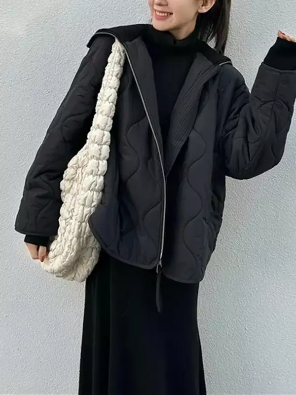 女性用ダブルジッパーキルティングジャケット,折りたたまれた襟,ポケット付きカジュアルコート,新品,冬