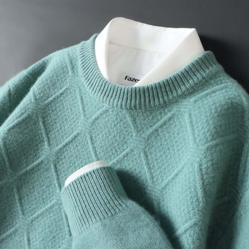 Cashmere masculino com gola redonda, suéter de fundo grosso, casual para negócios 100% lã pura, novo, outono e inverno
