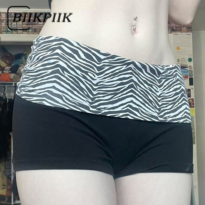 BIIKPIIK celana pendek motif Zebra wanita, celana pendek kasual motif warna kontras pinggang rendah kurus seksi Semua cocok