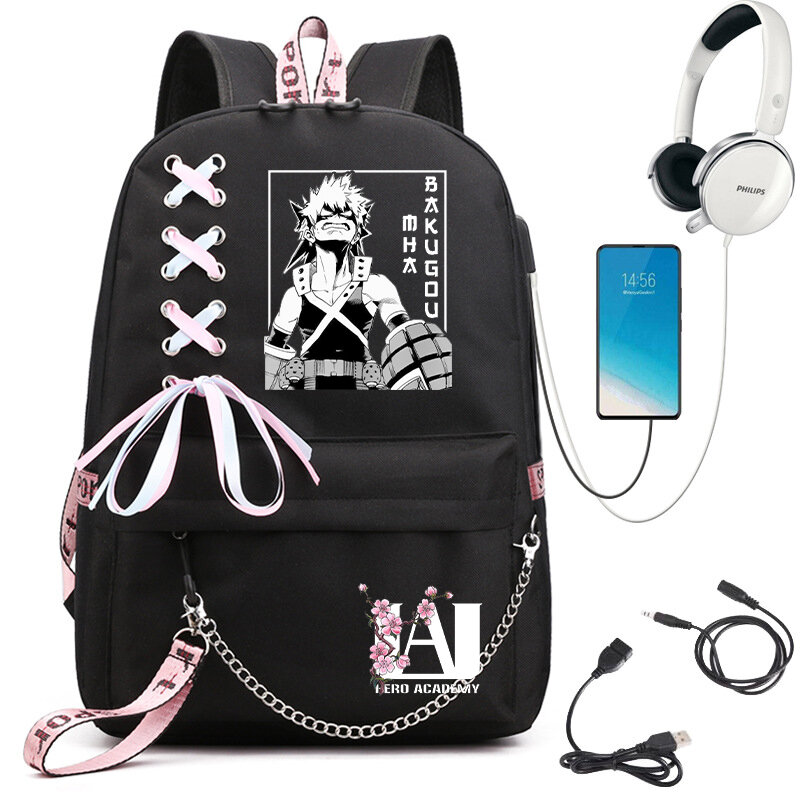 My Hero Academia Anime Women's Backpack Usb Port Ladies Travel Backpack Shoulder Bag Katsuki Bakugo Anime Trend Laptop Backpack