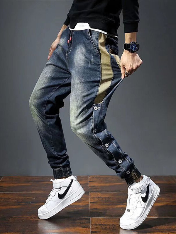 Męskie jeansy Harem spodnie modne etui Desinger luźny krój Baggy dżinsy Moto mężczyźni Stretch Retro Streetwear zrelaksowany zwężane dżinsy