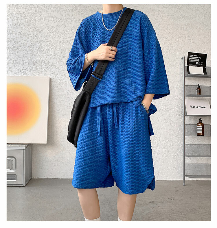 Setelan longgar kasual pria, pakaian jalanan dua potong Set lengan pendek gaya Korea ukuran besar musim panas 2023