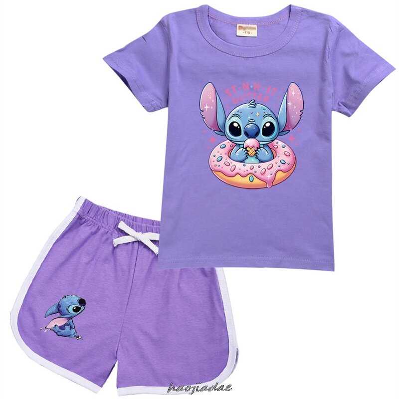 Lilo And Stitch 2 pz/set Set di vestiti estivi per bambini tuta per bambini tuta a maniche corte ragazze ragazzi t-shirt in cotone + pantaloncini abiti
