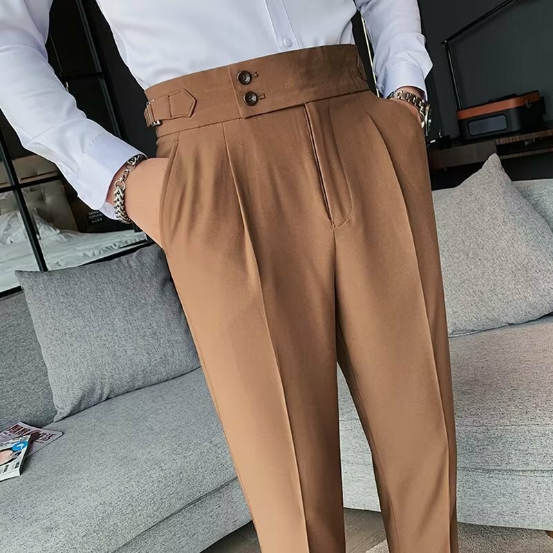 กางเกงเอวสูงสีพื้นสำหรับผู้ชายเสื้อผ้าลำลองแนวธุรกิจกางเกงเข้ารูปสไตล์อังกฤษสำหรับฤดูใบไม้ผลิฤดูร้อน Y2k ใหม่