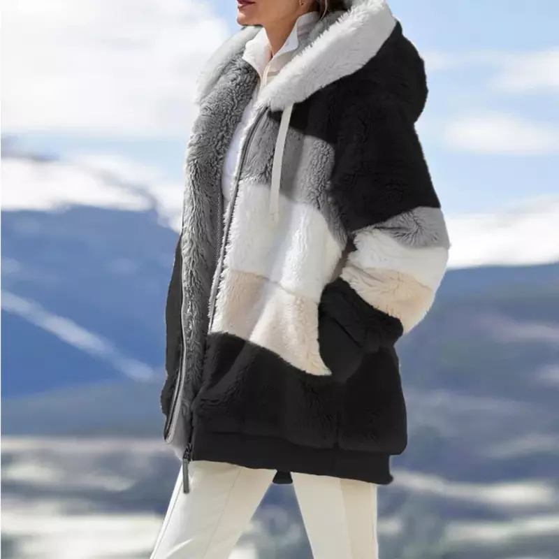 Jaket Fashion musim dingin wanita, mantel bertudung 2024, ritsleting tebal, jaket wanita kasmir jahitan kotak-kotak