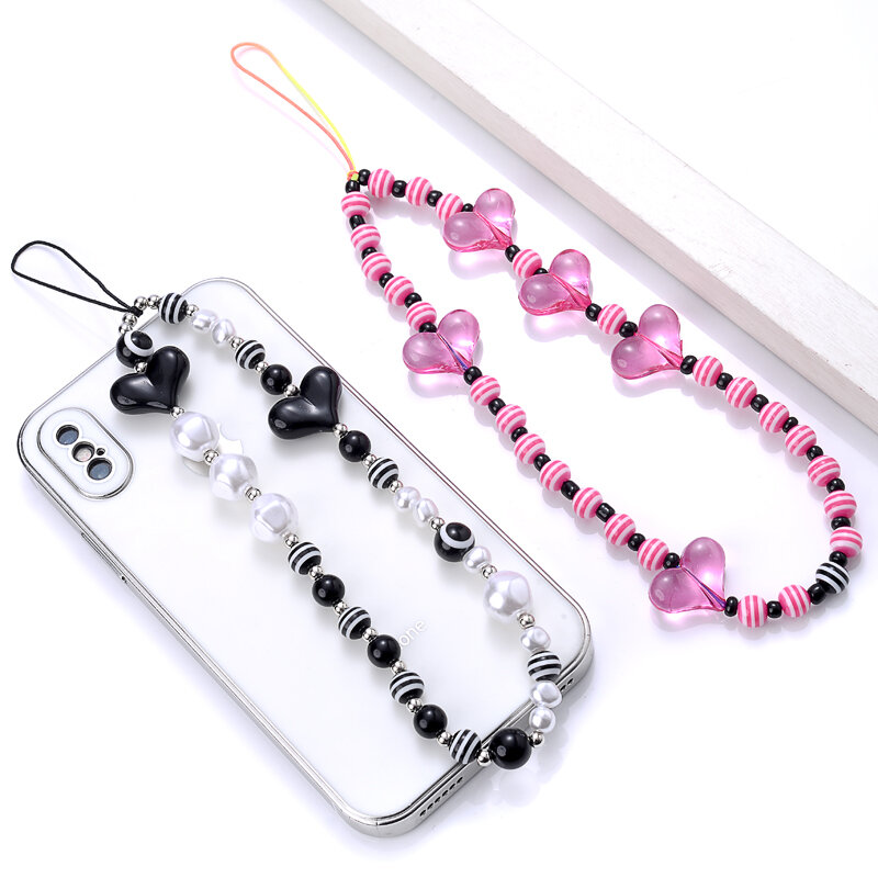 Fashion Colorful Acrylic Mobile Phone Chain Heart Round Beaded Telephone Hanging Cord For Anti-Drop Women Girl Phone Case Chain