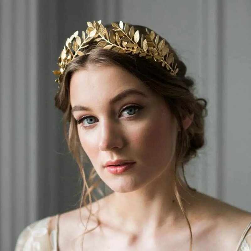 Diadema de corona de hojas de acero dorado para mujer, tocado de fiesta de boda, accesorios para el cabello, moda