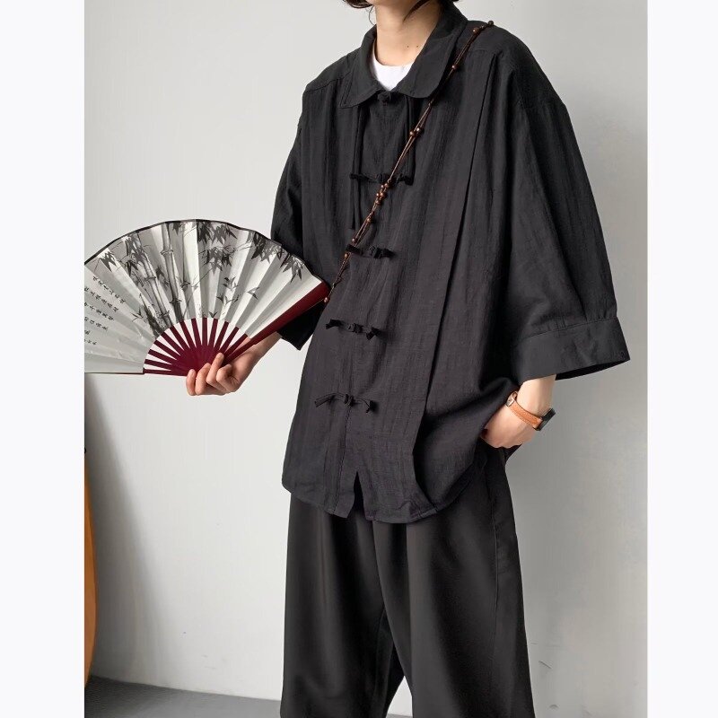 Camisa de vestir Tang de estilo chino Vintage para hombre, manga de siete puntos, primavera y otoño, camisa ligera de lujo, regalo de moda