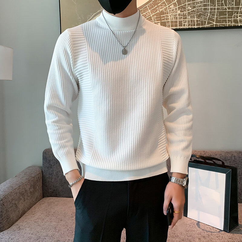 Новинка 2023, осенне-зимний Дизайнерский Модный брендовый вязаный мужской теплый свитер с высоким воротником, повседневная мужская одежда с ложным воротником B81