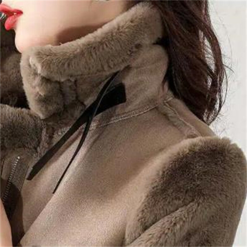 2024 Thicken Warm Wool Blends Loose Locomotive Lapel Female PU Coat Warm Outerwear Tops Faux Fur Coat Winter Jacket for Women