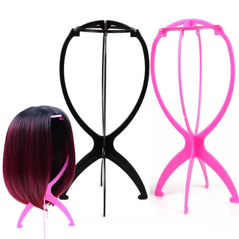 Soporte de exhibición de peluca plegable, soporte de plástico para pelucas, estable, duradero, al por mayor, herramientas de exhibición, color negro y rosa, 1 unidad