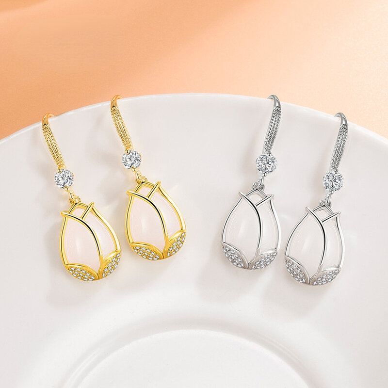 Anting-Anting Kait Panjang Opal Tulip Bunga Zirkon Kristal Kualitas Tinggi Perhiasan Mode Wanita Baru Perak 925
