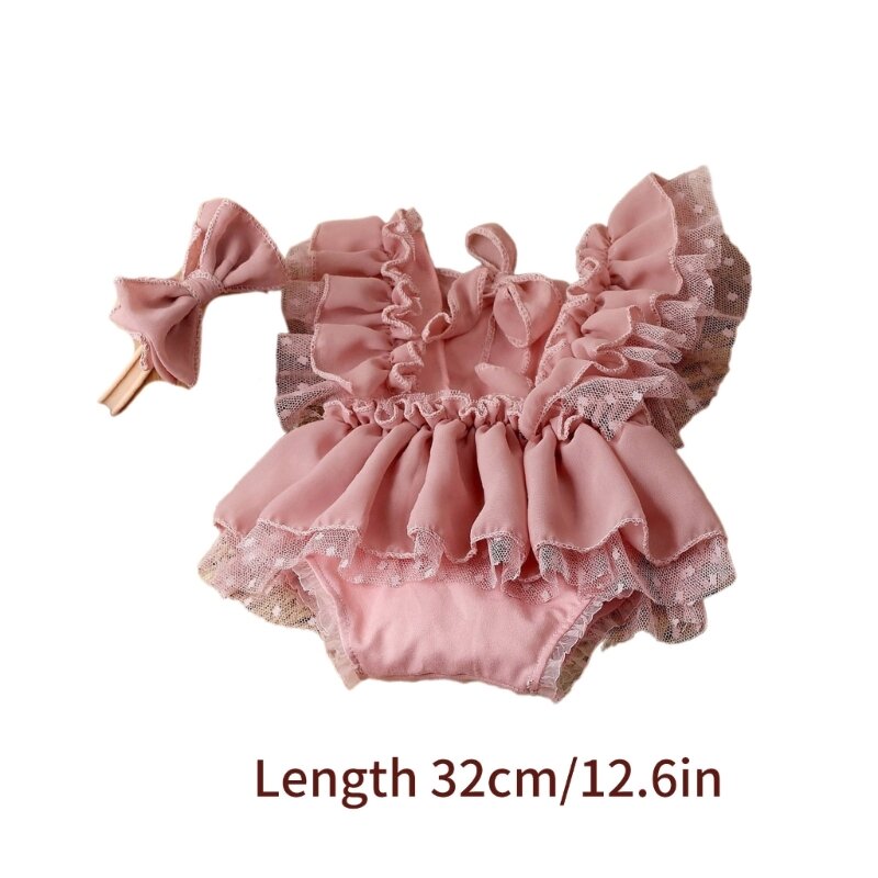 F62D Newborn Photoshoots Set Lace Romper Dress Bowknot Headband Photo Props Girl Photo Costume Infant Photography Suit 2PCS