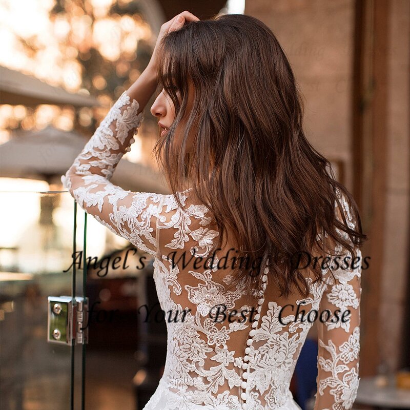 Gaun pengantin sendok indah dengan gaun pengantin Organza renda 2024 jubah lengan penuh kereta Court baru musim panas kancing De Soiree