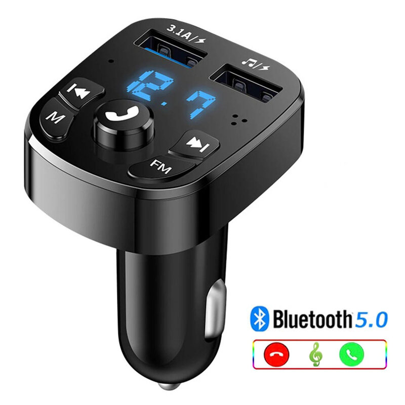 Adaptador de carro Bluetooth com carregamento rápido, transmissor FM, kit mãos livres, receptor de áudio, acessório do carro para telefone e música, USB, 12V