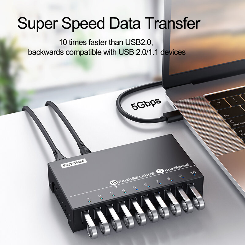 Sipolar A-103 10 Port USB 3.0 Hub, Transfer Data kecepatan tinggi pembagi pengisi daya eksternal 12V5A adaptor daya untuk ponsel Tablet