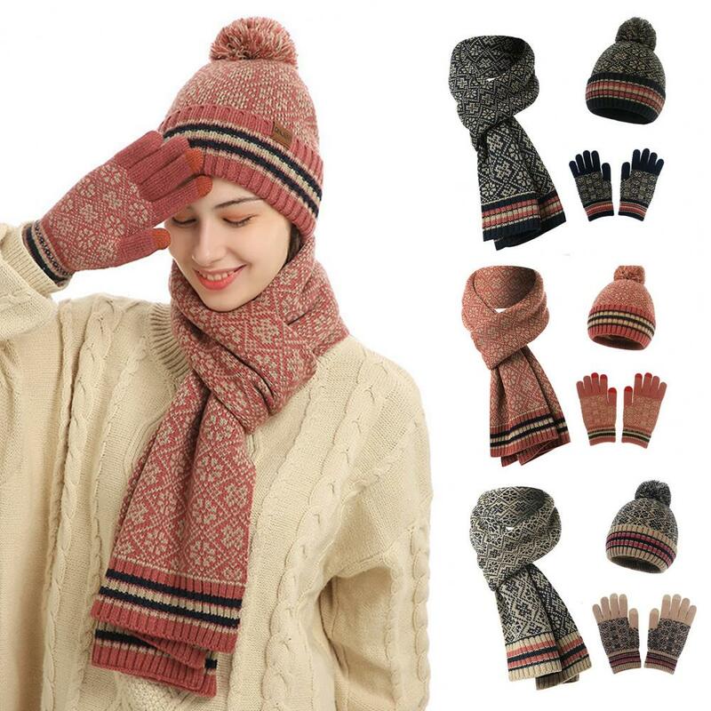 Damska czapka zimowa szalik zestaw rękawiczek rozciągliwy materiał zestaw zimowy żakardowa dzianina czapka typu Beanie długi szalik ekran dotykowy dla kobiet