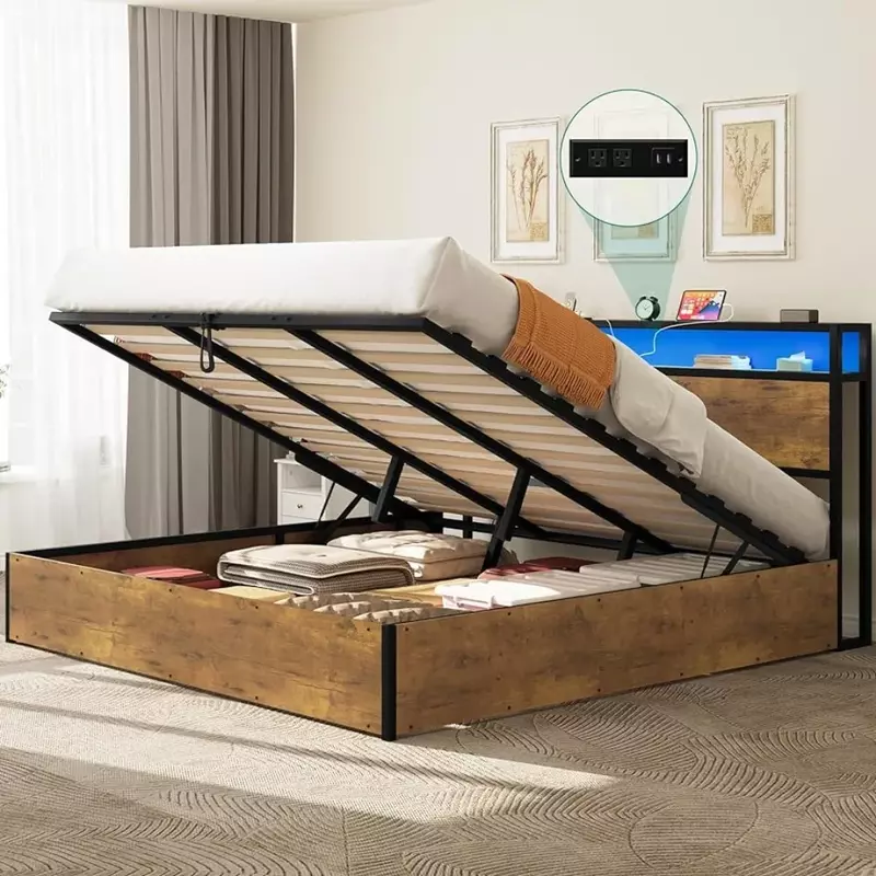Rangka tempat tidur penyimpanan angkat, rangka tempat tidur dengan rak penyimpanan ganda, rangka tempat tidur platform lampu LED dengan stasiun pengisian