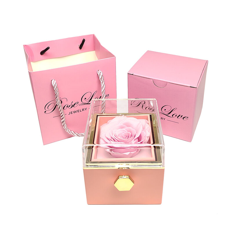 Boîte à bijoux rotative avec rose éternelle pour femme, étui de rangement pour bague de mariage, petite amie, Leon, nouveau, 2024